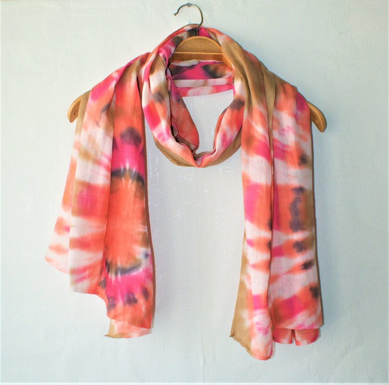 Cotton scarf Orange long tie dye scarf Handmade gift mother's day Tie dye scarf - 絲巾 - 棉．麻 橘色