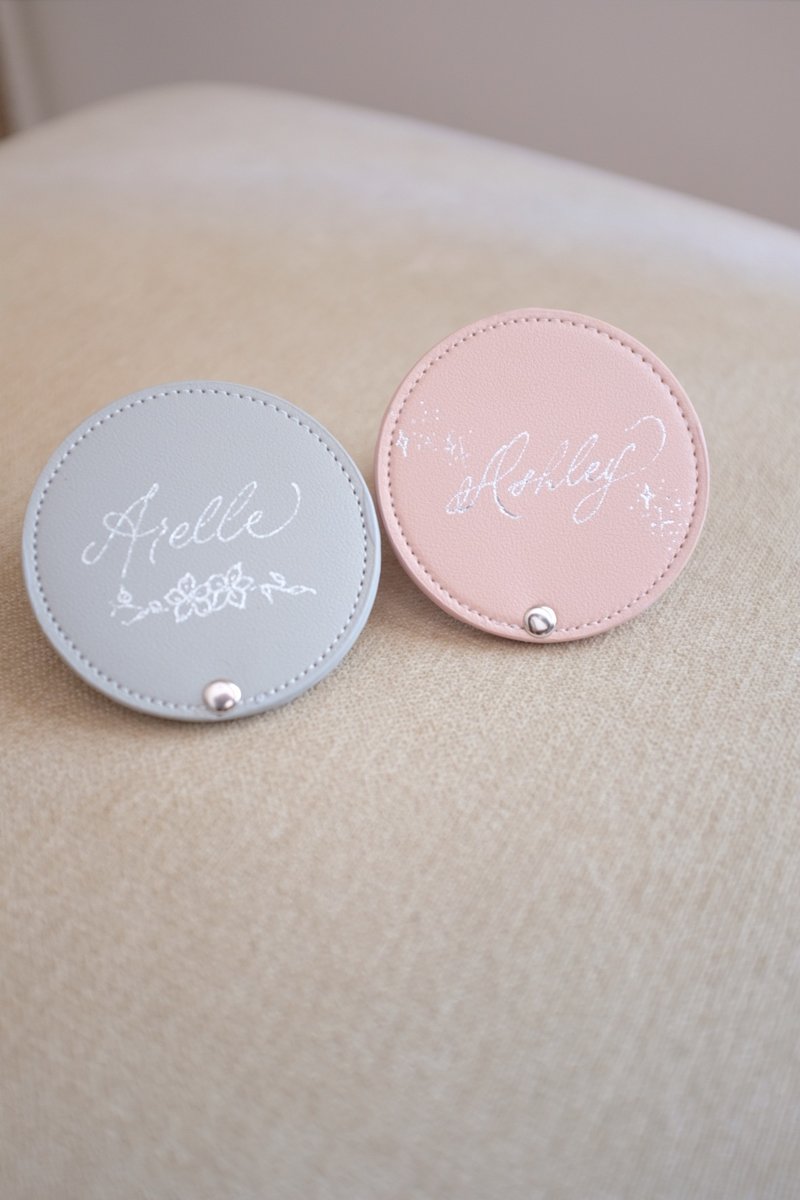 Customised bridesmaid gift- PU Leather Pocket Mirror with Foiled Calligraphy - Makeup Brushes - Faux Leather Silver