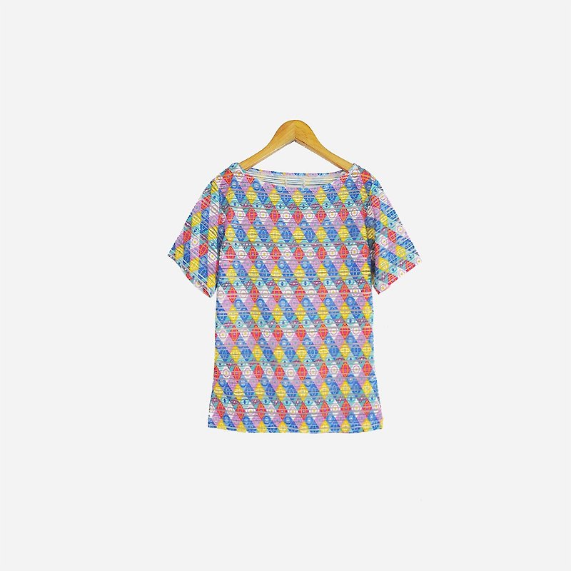 Dislocation vintage / geometric transparent yarn print shirt no.833 vintage - เสื้อยืดผู้หญิง - เส้นใยสังเคราะห์ สีน้ำเงิน