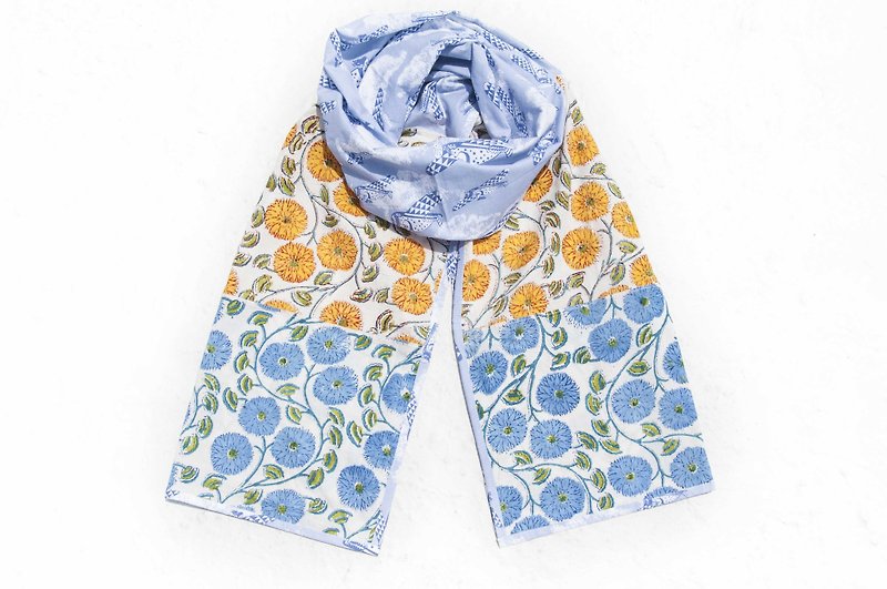 Hand-woven pure silk scarves handmade wood engraved plant dyed scarves grass wood dyed cotton scarves - blue vine forest - Scarves - Cotton & Hemp Multicolor