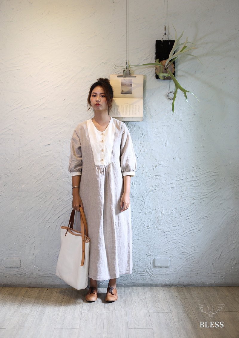 Natural cotton Linen fabric hand-made long dress - ชุดเดรส - ผ้าฝ้าย/ผ้าลินิน 