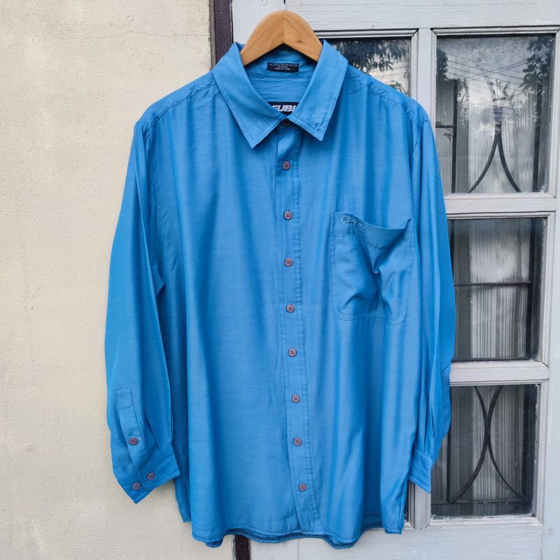 Vintage y2k Fubu The collection Rayon Blend Button Up Shirt - Men's Shirts - Cotton & Hemp Blue