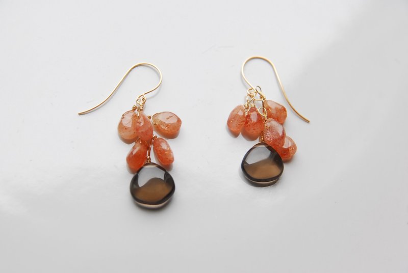 Smoky quartz and sunstone earrings with a gorgeous shine, 14kgf - ต่างหู - เครื่องประดับพลอย สีส้ม