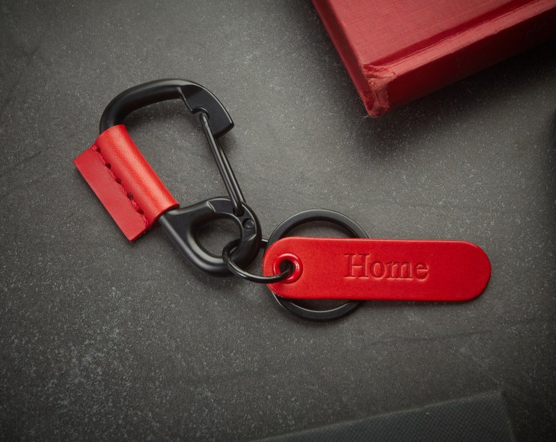 Red Leather wrapped  Carabiner with Personalize Name Tag - Keychains - Genuine Leather Red