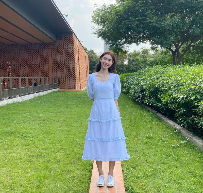 パステルブルーのアナヤコットンオックスフォードストライプドレス - ワンピース - コットン・麻 