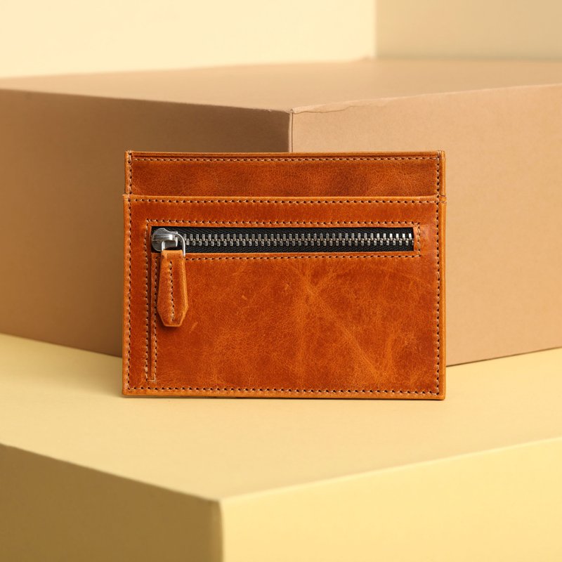 Leather Card Holder with Zipper Pocket Personalized - 名片夾/名片盒 - 真皮 
