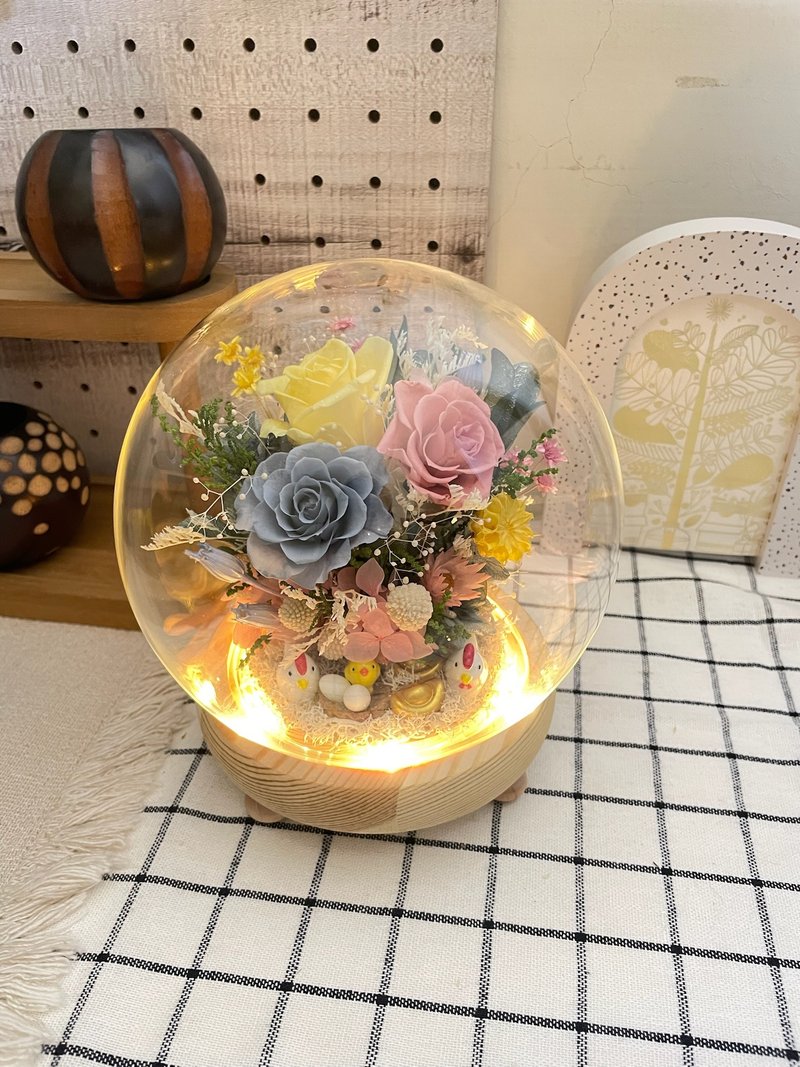 Newlywed gift/leading chicken/starting chicken/glass flower cup/night light with string lights - ช่อดอกไม้แห้ง - พืช/ดอกไม้ หลากหลายสี