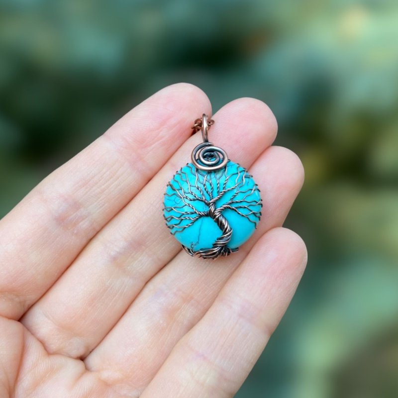 Turquoise Howlite Tree Of Life Necklace, 7th Anniversary Gift for Wife/Husband - สร้อยคอ - โลหะ สีน้ำเงิน