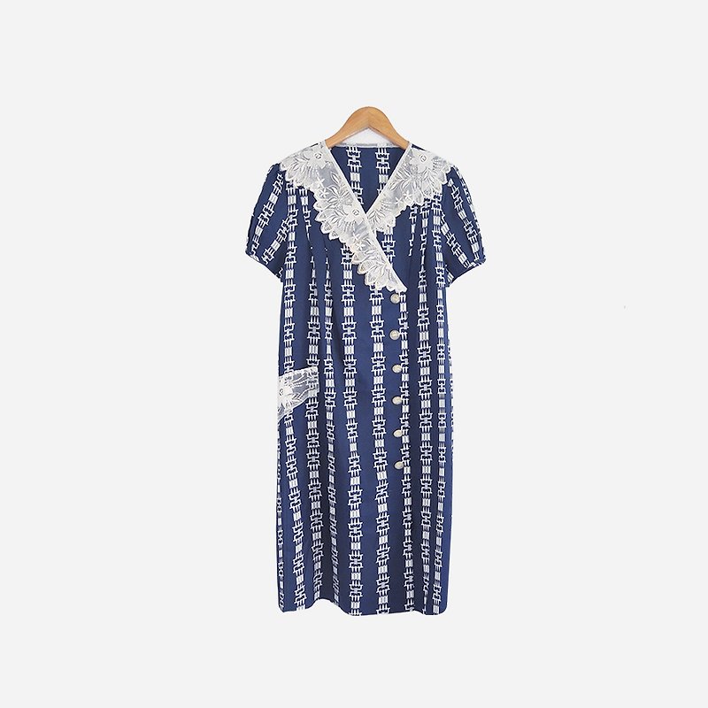 脫臼古著 / 蕾絲領藍白洋裝 no.771 vintage - 連身裙 - 聚酯纖維 藍色