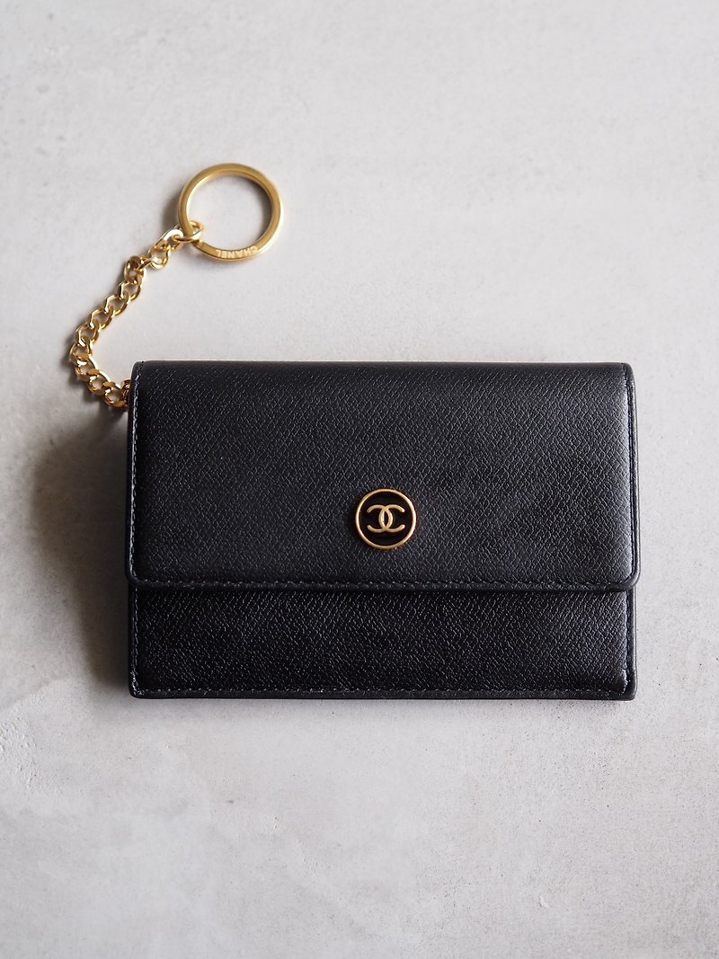 CHANEL COCO coin case, card case, COCO button, vintage - Card Holders & Cases - Genuine Leather Black
