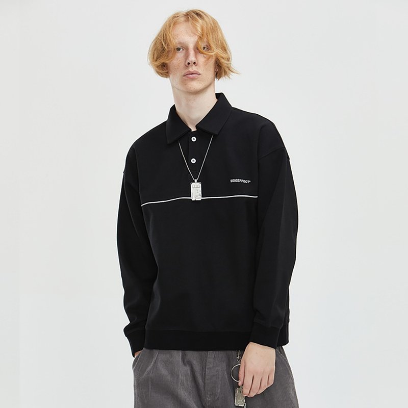 SIDEEFFECT POLO Heavyweight padded long-sleeved loose POLO sweater - Men's T-Shirts & Tops - Cotton & Hemp Black