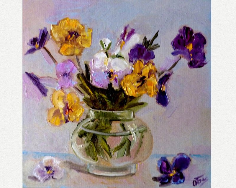 Flowers oil painting - original artwork - small painting - violet painting - โปสเตอร์ - วัสดุอื่นๆ สีม่วง