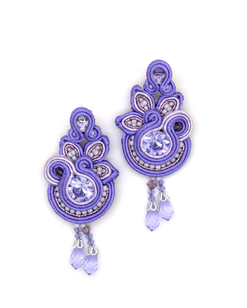 Earrings Floral dangle earrings with crystals in purple - ต่างหู - วัสดุอื่นๆ สีม่วง