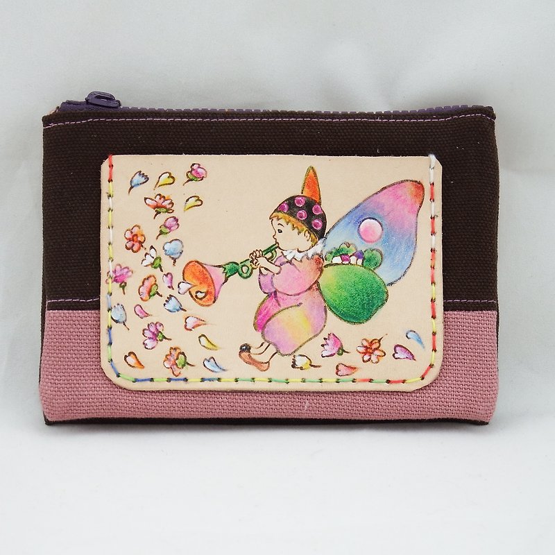 Vegetable tanned leather wine bag fabric multi-layer coin purse angel - Coin Purses - Genuine Leather Purple