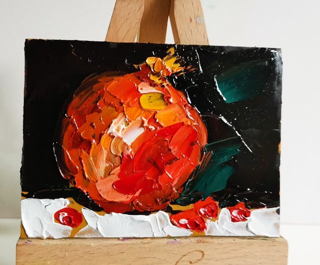 ザクロの絵画オリジナルアート小さなインパスト油絵フルーツアートベラ