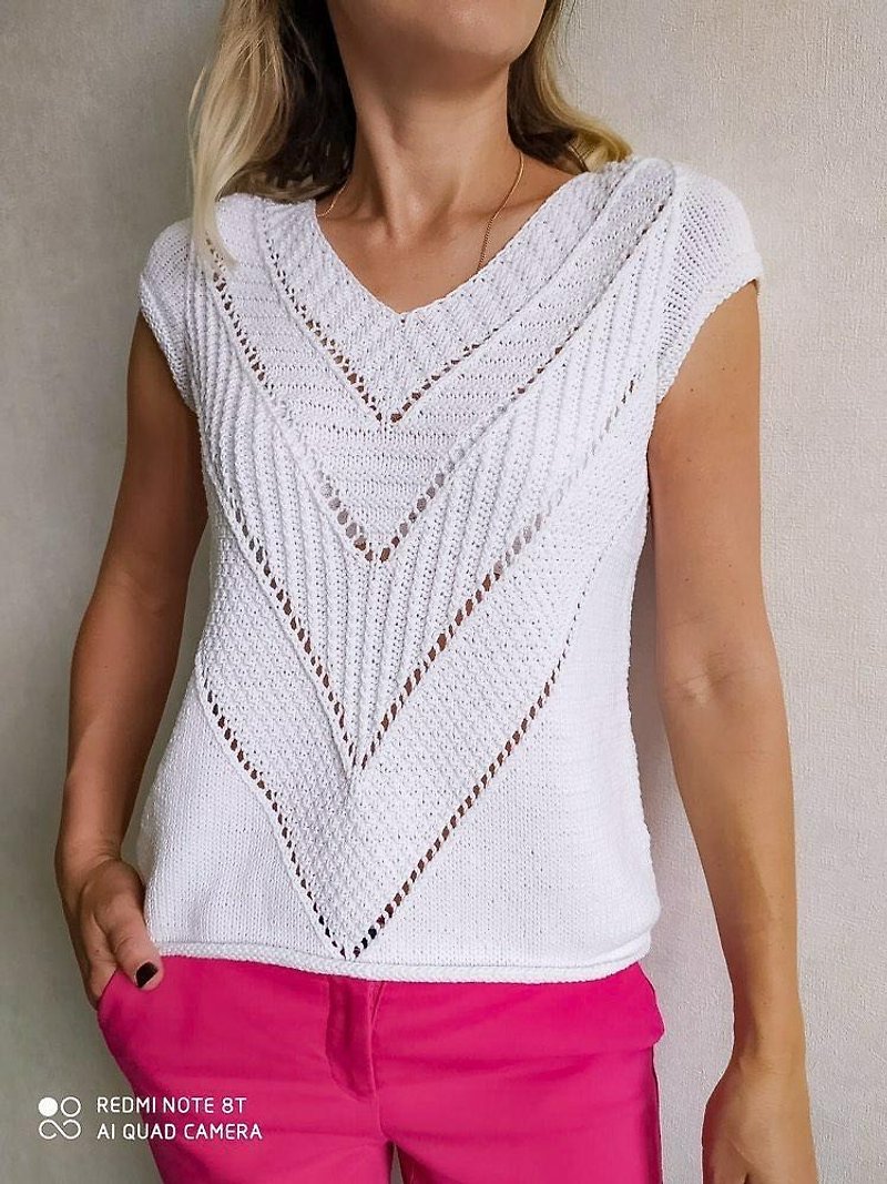 T - shirt PDF knit pattern, sleeveless pullover knit pattern - 編織/羊毛氈/布藝 - 羊毛 白色