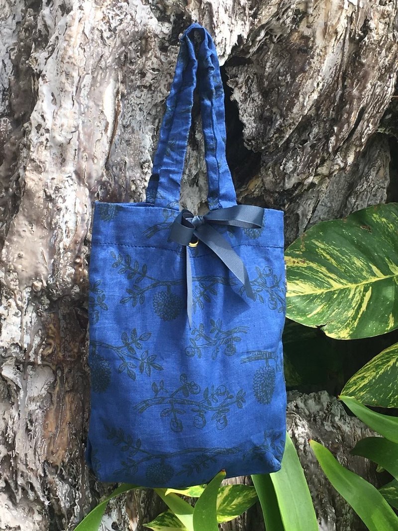 Printed Linen tote bag S size Royal blue color - Handbags & Totes - Cotton & Hemp Blue