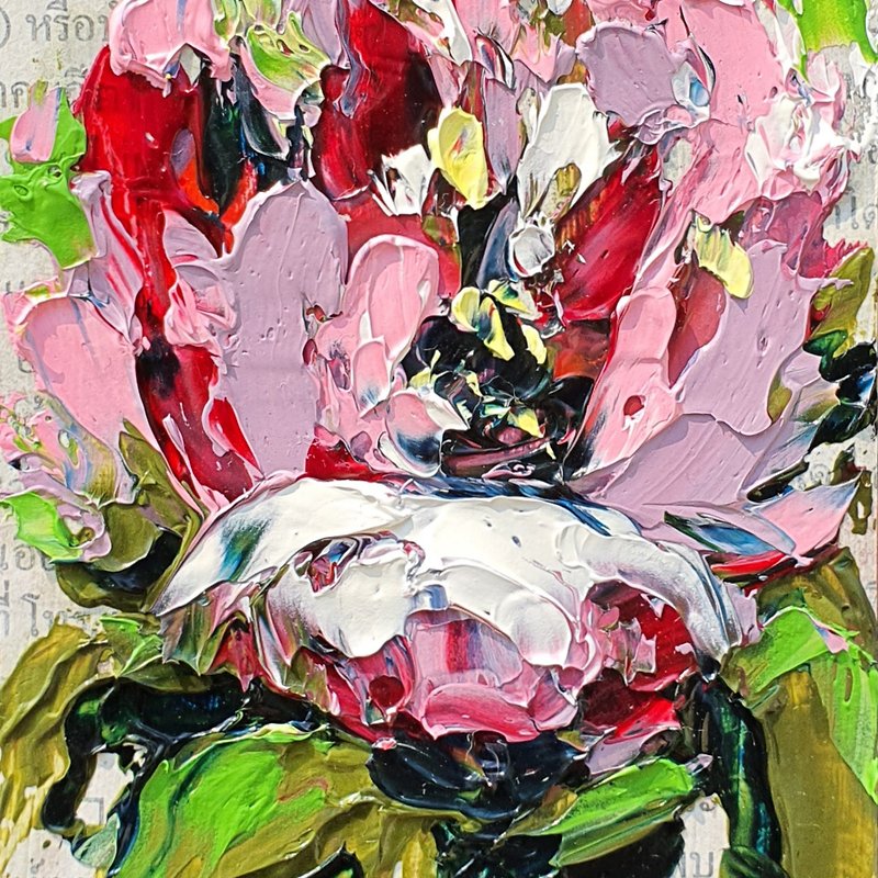 Peony Painting Flowers Original Art Floral ACEO Impasto Small Oil Artwork Rose - Posters - Other Materials Multicolor