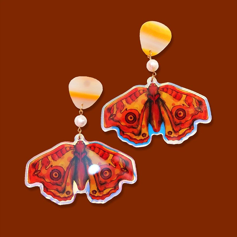 橙色飛蛾圖案淡水珍珠亞克力耳環 - 耳環/耳夾 - 塑膠 橘色
