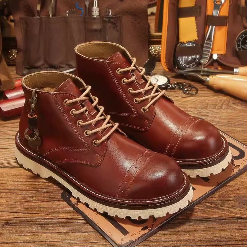 Vintage Work Shoes First Layer Cowhide Heavy Weight Boots Crazy Leather - รองเท้าบูธผู้ชาย - หนังแท้ สีนำ้ตาล