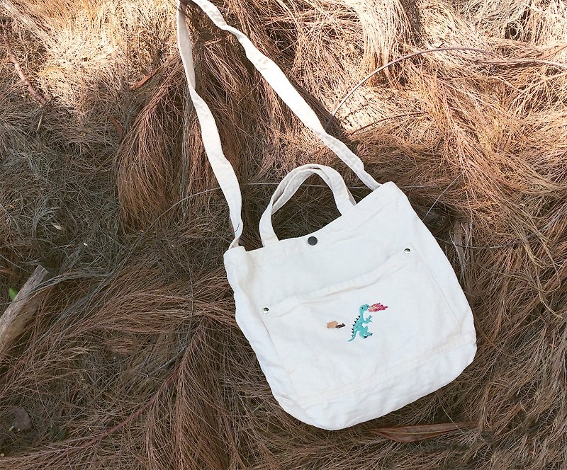 T rex Embroidery - Canvas Crossbody Bag :  Calico Color - Handbags & Totes - Cotton & Hemp White