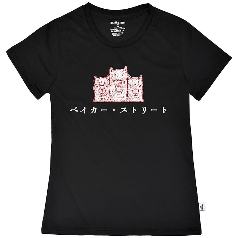 British Fashion Brand -Baker Street- Japanese Stamp Printed T-shirt - เสื้อยืดผู้หญิง - ผ้าฝ้าย/ผ้าลินิน สีดำ