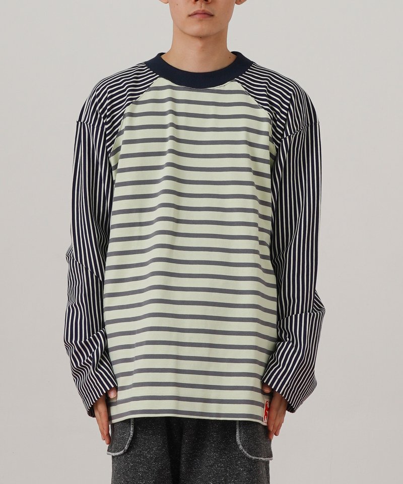 多色條紋長袖 T 恤 薄荷綠 - 中性衛衣/T 恤 - 棉．麻 多色