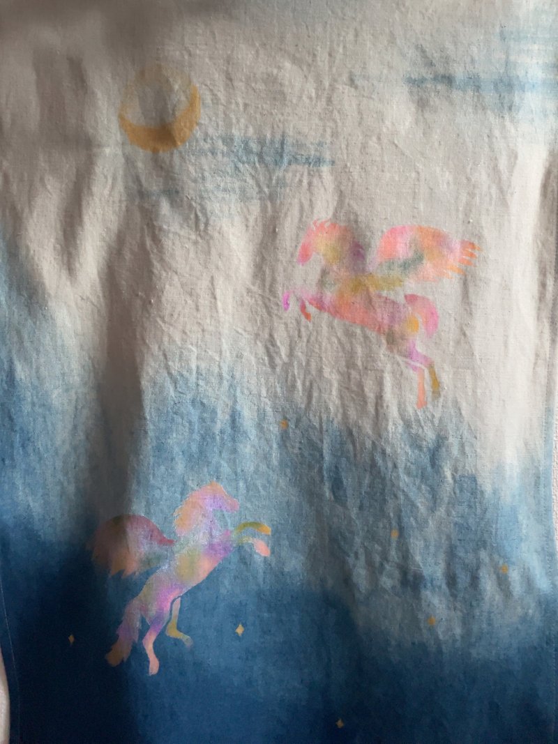 日本製 Starry night Pegasus Tapestry Moon Star JAPANBLUE Aizome 天馬 藍染タペストリー　訳あり品 - 壁貼/牆壁裝飾 - 棉．麻 藍色