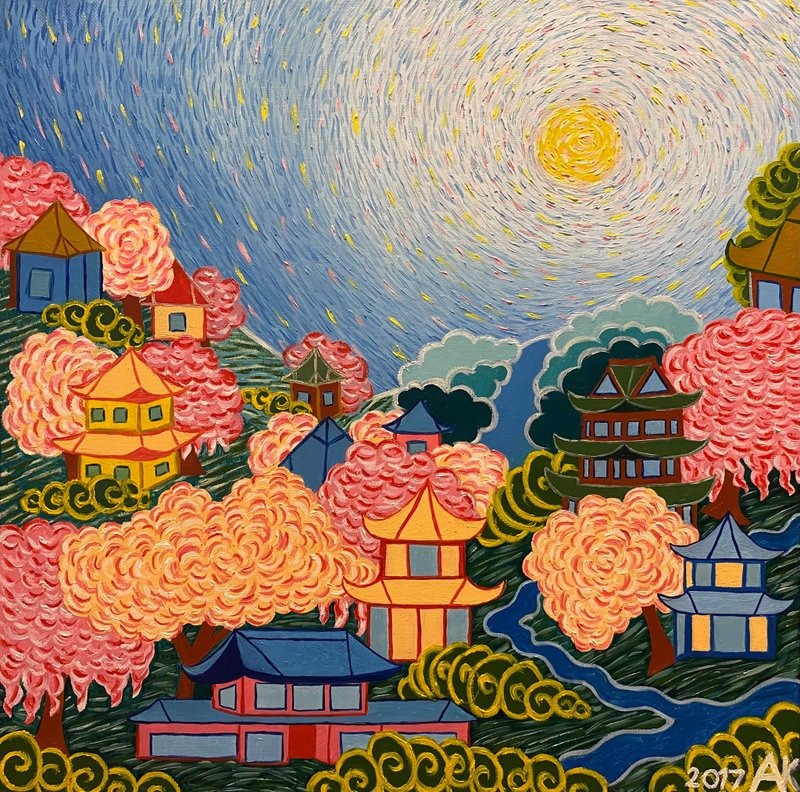 Eastern Village, original oil painting, oil on canvas, impressionism landscape - 壁貼/牆壁裝飾 - 其他材質 多色