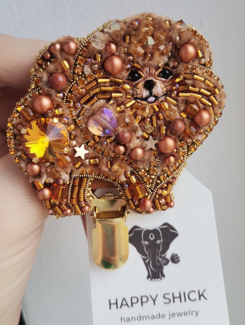 Pomeranian jewelry for dog shows, pet portrait brooch, dog lover gift, pom pin - 胸針 - 玻璃 橘色