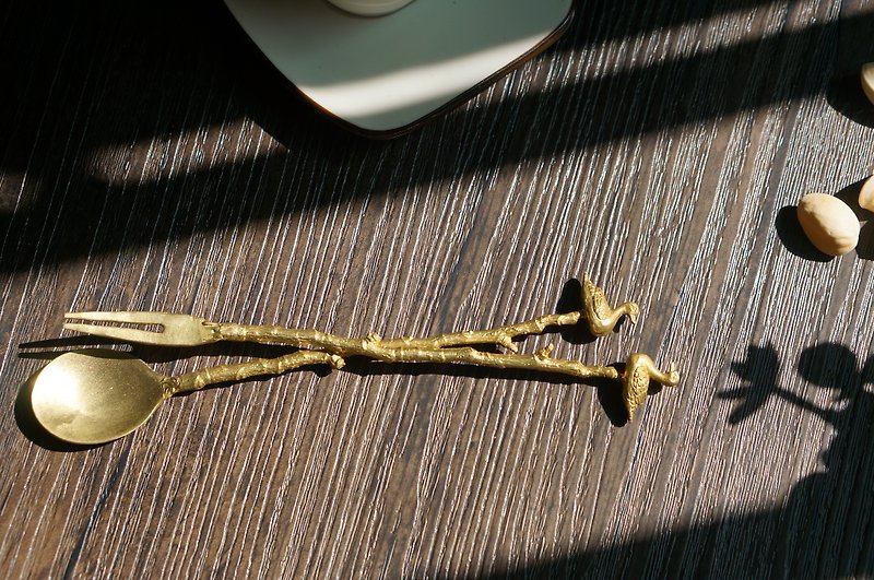 Handmade original brass duckling spoon fork cutlery - Cutlery & Flatware - Other Metals Gold