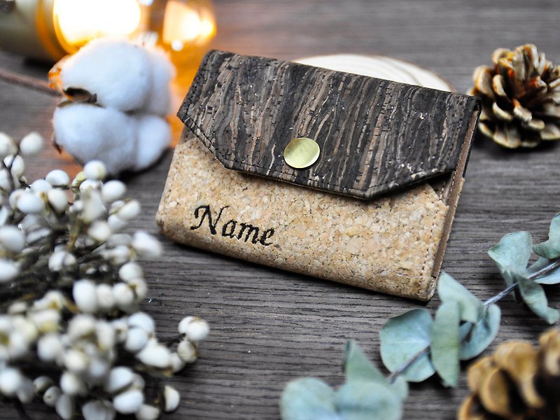 Personalized Name Mixed Cork ID card holder coin case - กระเป๋าใส่เหรียญ - ไม้ สีนำ้ตาล