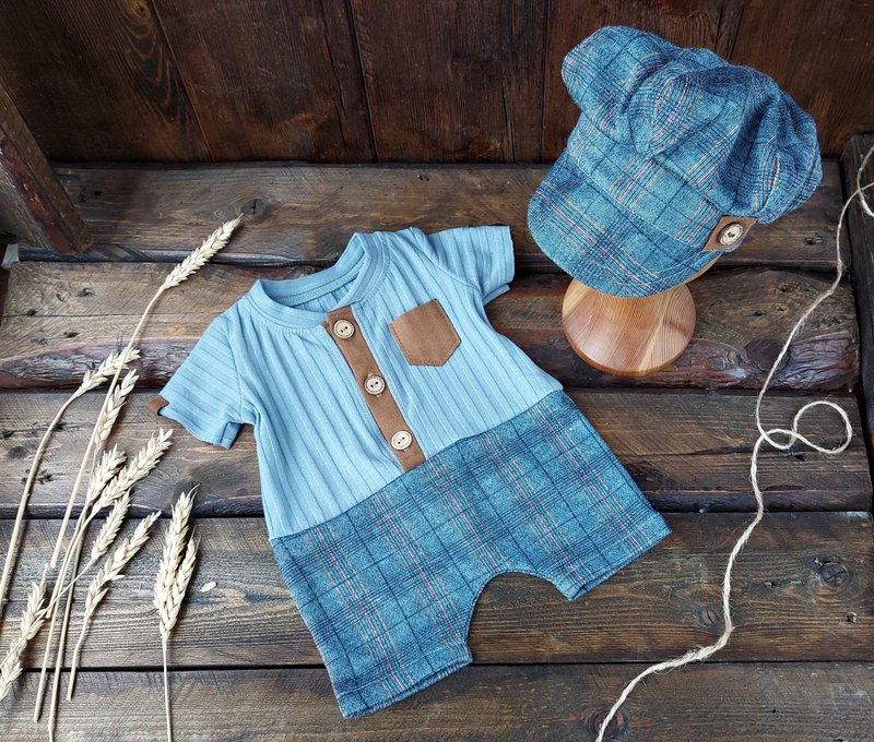 Newborn boy outfit denim jumpsuit, Baby Boy Overalls, baby boy romper - ชุดทั้งตัว - วัสดุอื่นๆ สีน้ำเงิน