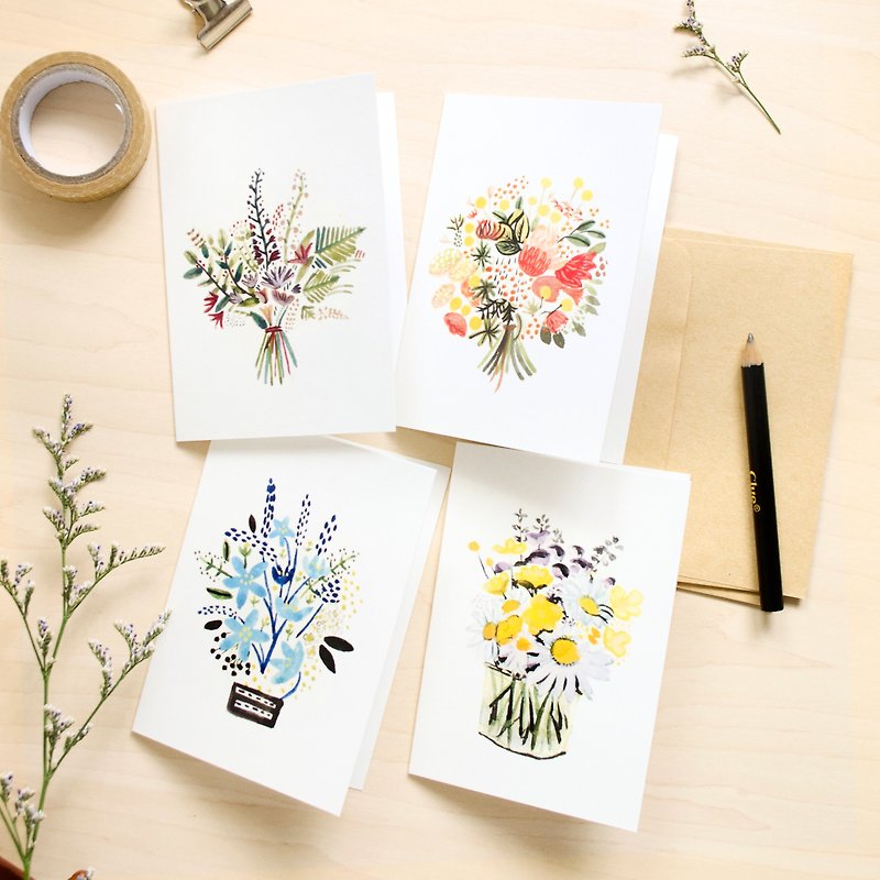 Flower illustrated greeting card (set of 4 pcs) - Cards & Postcards - Paper 