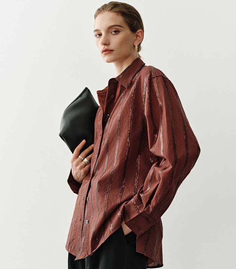 【 重工BC珠片】法式簡約/繡花條紋襯衫/光澤垂感襯衣 - 女裝恤衫 - 棉．麻 紅色