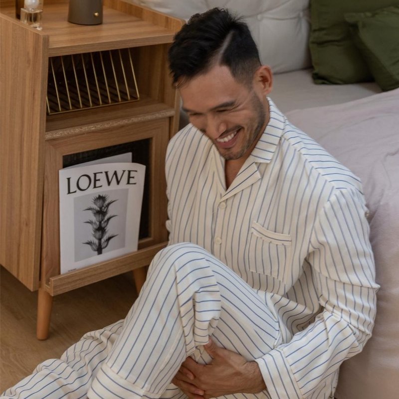 Skin-friendly and soft striped long-sleeved suit - white background and blue stripes for men - exclusive power embroidery - Loungewear & Sleepwear - Cotton & Hemp White