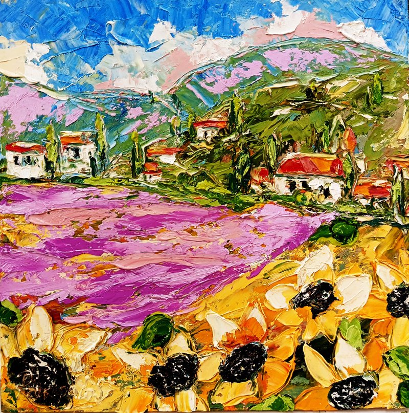 Tuscany Painting Sunflower Original Art Impasto Oil Painting Landscape 10 x 10 - ตกแต่งผนัง - วัสดุอื่นๆ สีส้ม