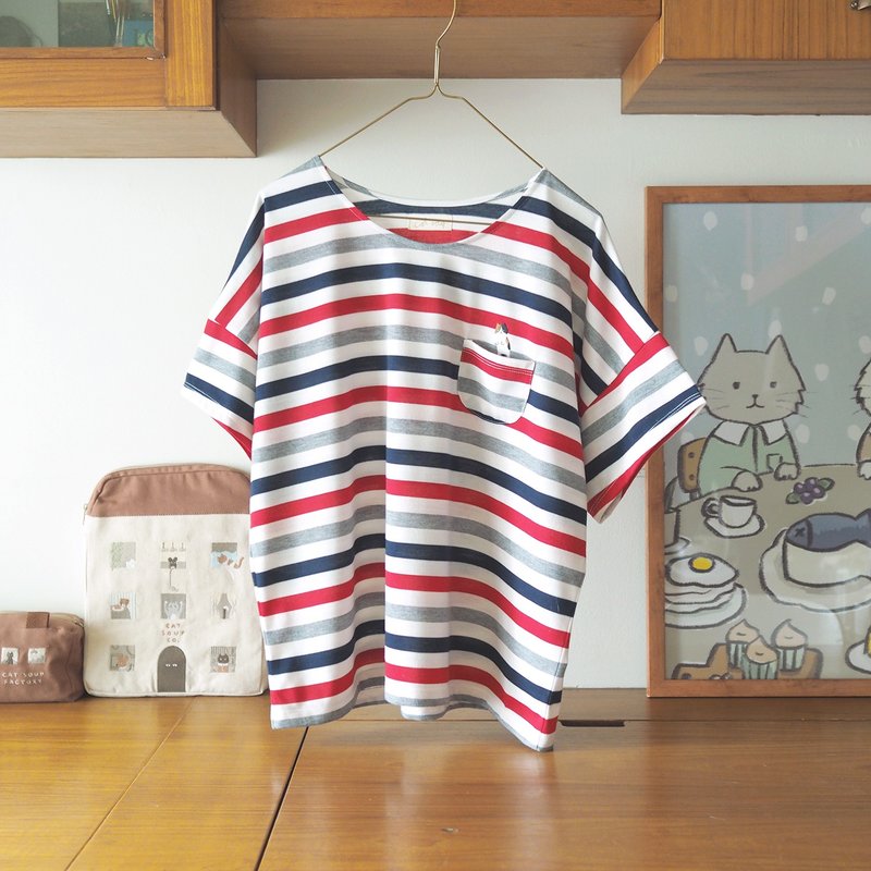 jumping cat striped t-shirt : red - Women's T-Shirts - Polyester Red