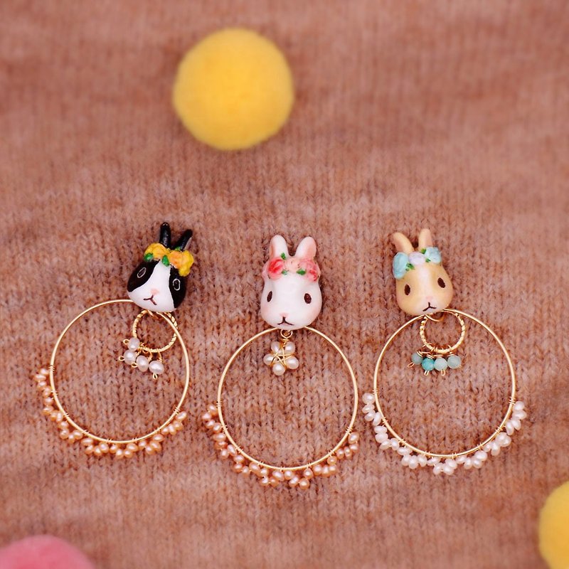Rabbit with garland and pearl  | A pair of  Earrings or Earclips - Earrings & Clip-ons - Clay 