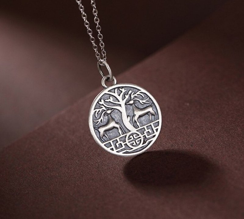 Running to Happiness Embossed Deers Hope Tree Pendant Necklaces NO Chain Vintage - 長項鍊 - 純銀 銀色