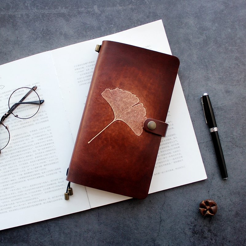 Dark brown ginkgo leaf hand book leather notebook diary TN travel book notebook can be customized - Notebooks & Journals - Genuine Leather Brown
