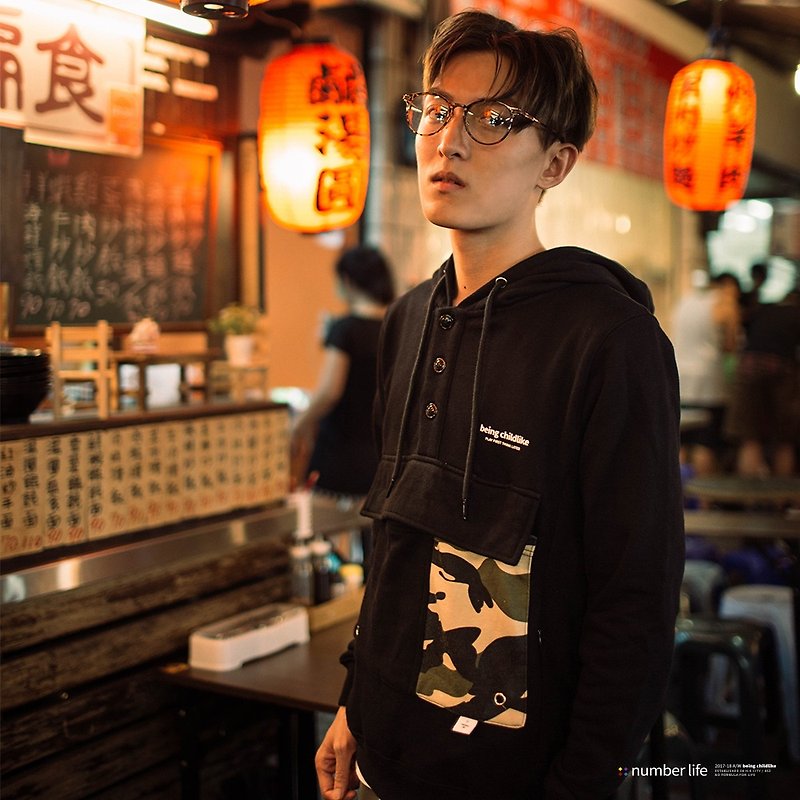 number life Large Pocket Hooide multi-pocket hooded sweater Black | Hong Kong brands | Minimalist - เสื้อฮู้ด - ผ้าฝ้าย/ผ้าลินิน สีดำ