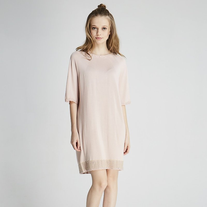 球心圓領針織洋裝(1701KD01PK-F) - 洋裝/連身裙 - 棉．麻 粉紅色