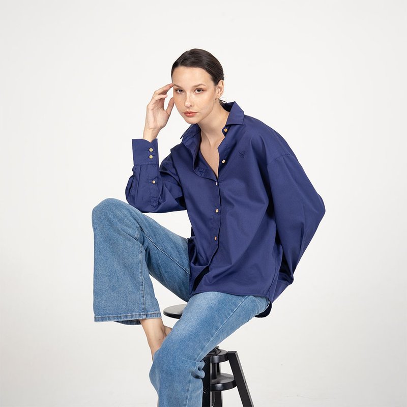 BASIC // navy // women oversized shirt - 女襯衫 - 棉．麻 藍色