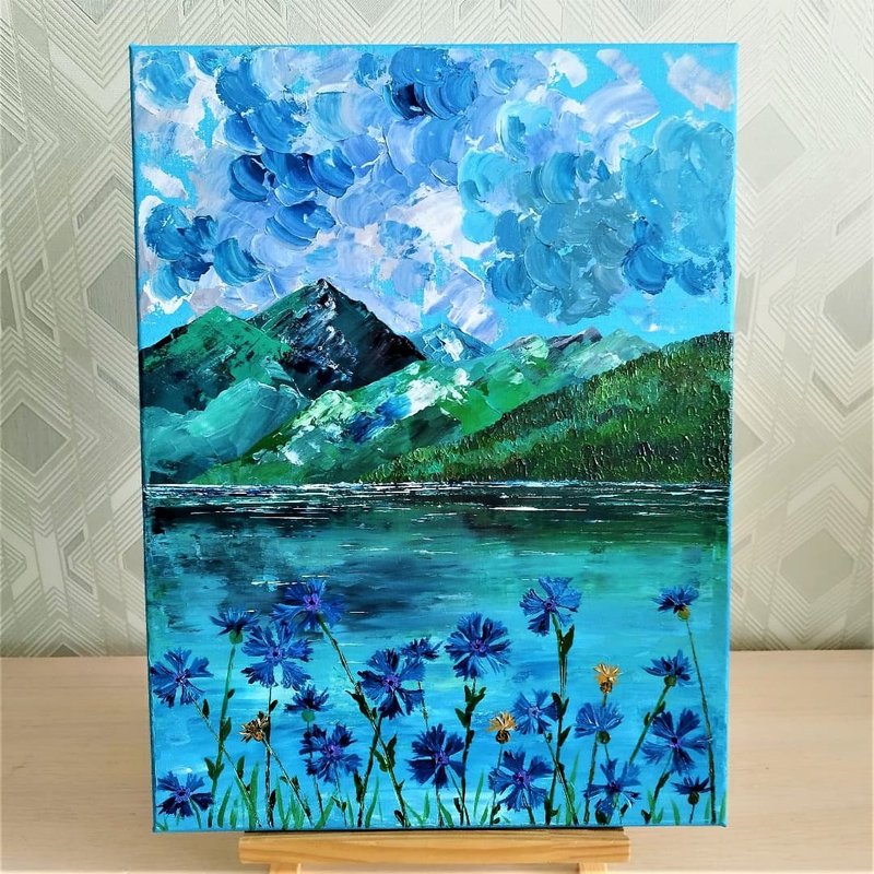 Mountain Landscape Painting 無框畫 Blue Flowers Hanging Painting 霜山 Wall Decoration - 壁貼/牆壁裝飾 - 壓克力 藍色