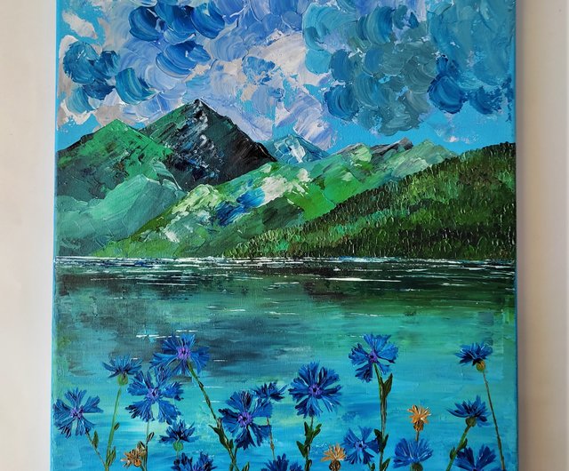 絵画　壁画　飾り絵 山の風景画無框畫青い花ぶら下げ絵画霜山壁飾り - ショップ