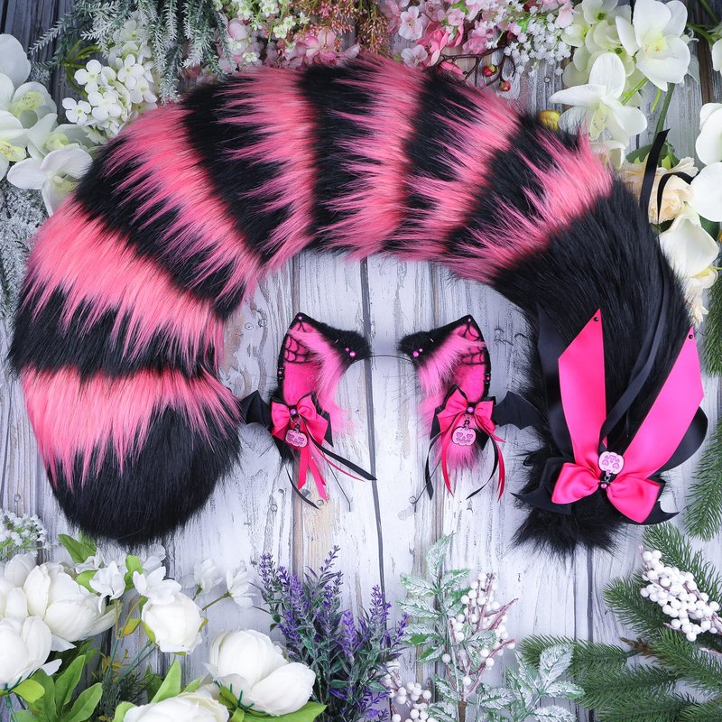 Hot Pink Cheshire Cat Ears and Tail Set Faux Fur Ears and Tail Set - 髮夾/髮圈 - 其他人造纖維 粉紅色