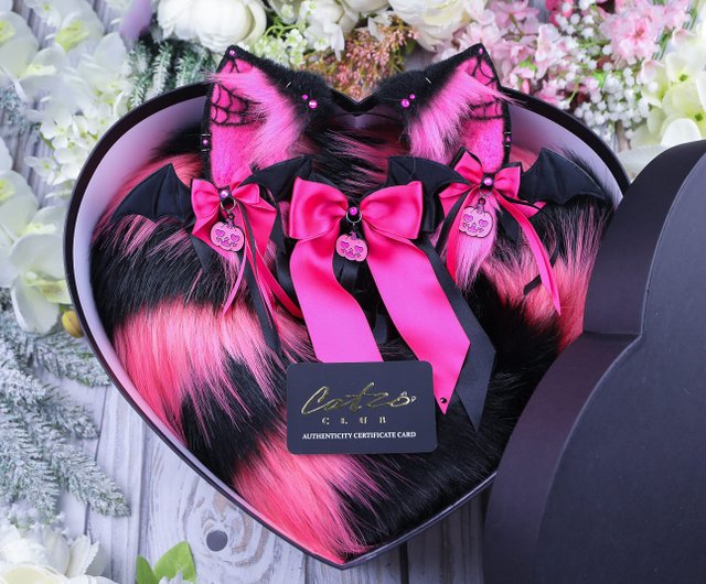 Hot Pink Cheshire Cat Ears and Tail Set Faux Fur Ears and