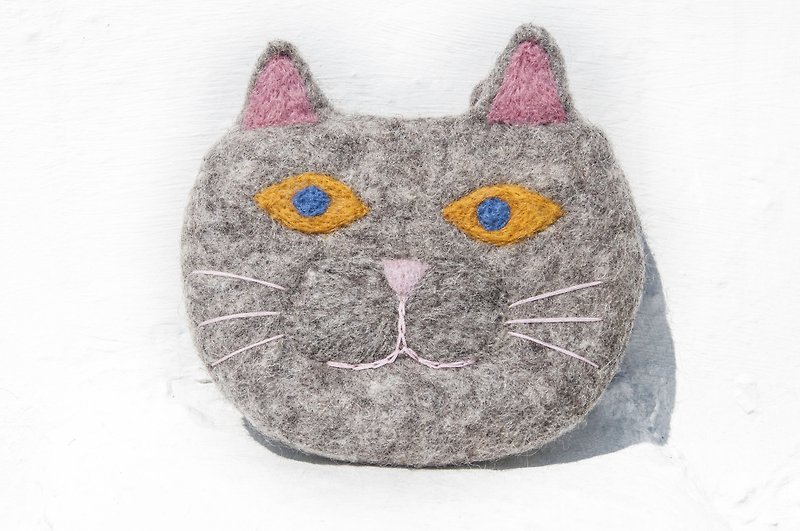 Wool felt small bag / wool felt storage bag / purse / leisure card set / wool felt wallet - gray cat - Coin Purses - Wool Gray