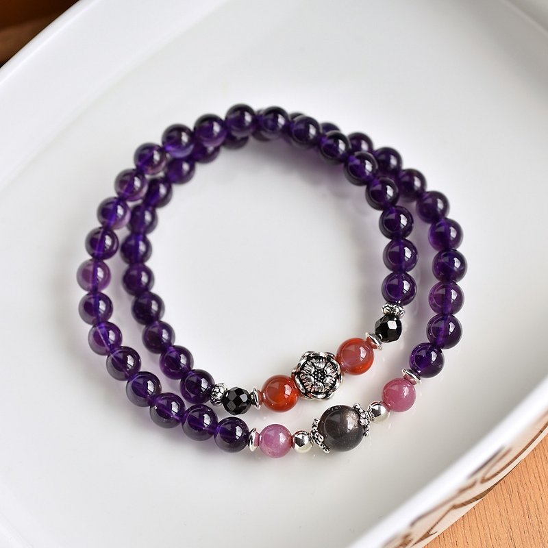 紫水晶+紅寶石+南紅瑪瑙+黑太陽石雙圈純銀手鍊 - 手鍊/手環 - 水晶 紫色